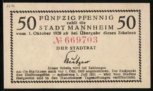 Notgeld Mannheim 1920, 50 Pfennig, Kontroll-Nr. 669703