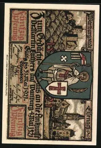Notgeld Eisenach 1921, 50 Pfennig, Martin Luther als Schüler bei Frau Lotta, Stadtwappen