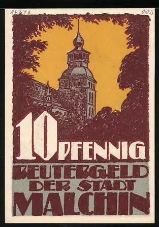 Notgeld Malchin 1922, 10 Pfennig, Kirchturm, Bauer im Heu