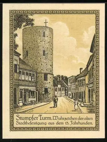 Notgeld Lenzen, 75 Pfennig, Stumpfer Turm, Stadtwappen