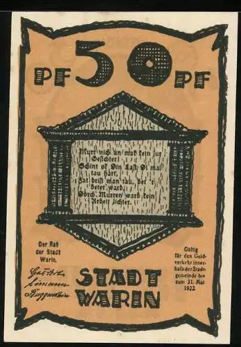 Notgeld Warin 1922, 50 Pfennig, Gedicht, Rathaus
