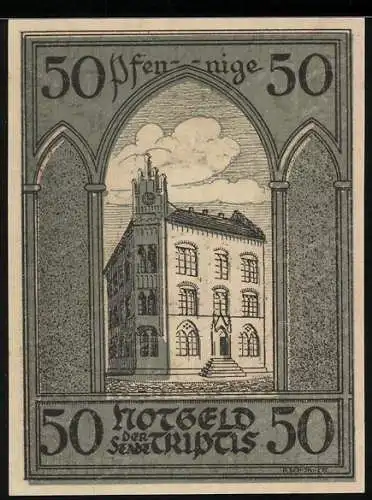 Notgeld Triptis 1921, 50 Pfennig, Rathaus, Paar am Baum