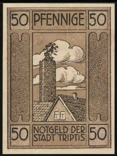 Notgeld Triptis 1921, 50 Pfennig, Turm, Paar mit Wein