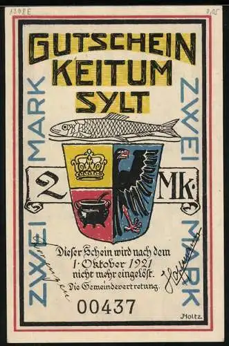 Notgeld Keitum /Sylt 1921, 2 Mark, Stadtwappen, Insel aus der Vogelschau