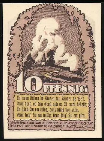 Notgeld Zarrentin 1922, 10 Pfennig, Ortspartie mit Kirche