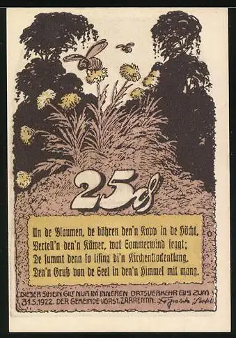 Notgeld Zarrentin 1922, 25 Pfennig, Blick über das Wasser, Bienen