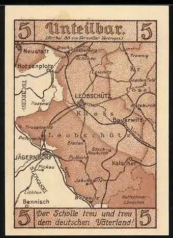Notgeld Leobschütz 1922, 5 Pfennig, Landkarte, Deutsches Haus, Engel