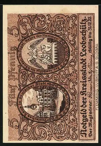 Notgeld Leobschütz 1922, 5 Pfennig, Landkarte, Deutsches Haus, Engel
