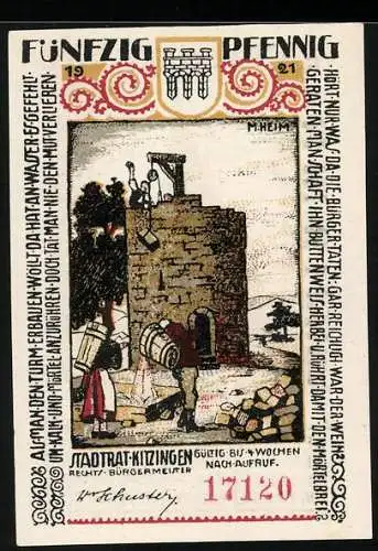 Notgeld Kitzingen 1921, 50 Pfennig, Turmbau, Uhrturm mit Gesicht