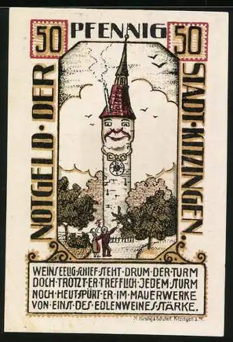 Notgeld Kitzingen 1921, 50 Pfennig, Turmbau, Uhrturm mit Gesicht