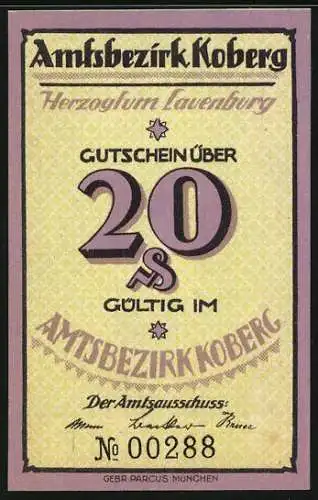 Notgeld Koberg, 20 Pfennig, Liudwinestein