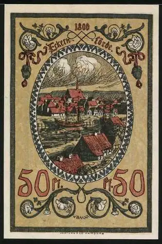 Notgeld Eckernförde 1921, 50 Pfennig, Ykernborg Wappen, Segelschiff