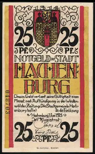 Notgeld Hachenburg 1921, 25 Pfennig, Stadtwappen, Marktbrunnen