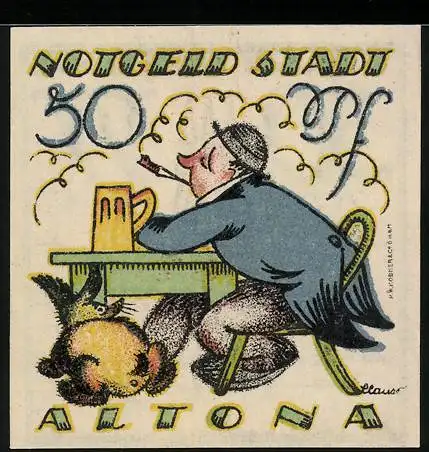 Notgeld Altona 1921, 50 Pfennig, Rauchender Mann mit Bier