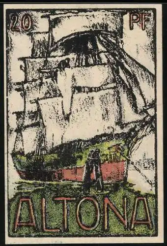 Notgeld Altona 1921, 20 Pfennig, Segelschiff im Hafen, Burg
