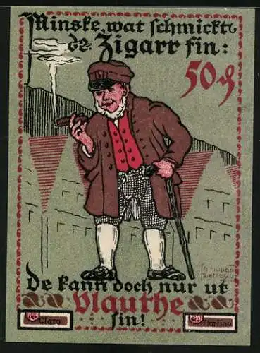 Notgeld Vlotho a. d. Weser 1921, 50 Pfennig, Alter Mann mit Zigarre