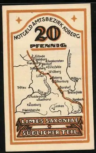 Notgeld Koberg, 20 Pfennig, Landkarte Südlicher Teil