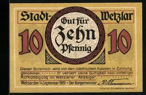 Notgeld Wetzlar 1920, 10 Pfennig, Unterschrift vom Bürgermeister, Mikroskop
