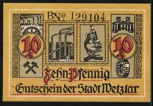 Notgeld Wetzlar 1920, 10 Pfennig, Unterschrift vom Bürgermeister, Mikroskop