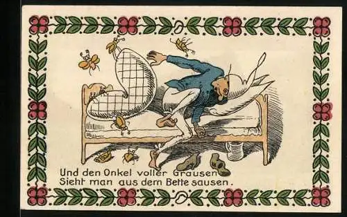 Notgeld Wiedensahl, 50 Pfennig, Geburtshaus Wilhelm Buschs, Mann fällt aus Bett