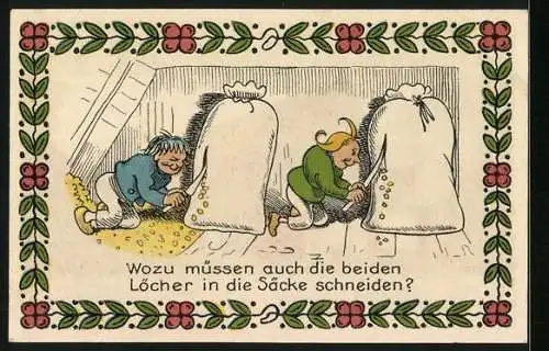 Notgeld Wiedensahl, 50 Pfennig, Geburtshaus von Wilhelm Busch, Kinder schneiden Löcher in Säcke