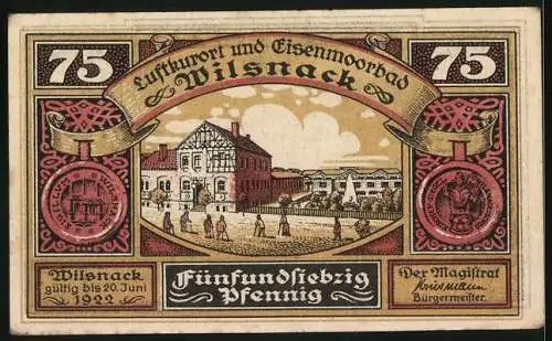 Notgeld Wilsnack 1922, 75 Pfennig, Geistliche mit Stadtwappen, Rathaus