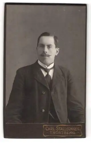 Fotografie Carl Stallechner, Trostberg, Junger Mann im Anzug mit Krawatte mit einem gezwirbelten Schnurrbart