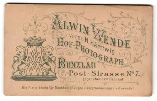 Fotografie Alwin Wende, Bunzlau, Post-Str. 7, Monogramm des Fotografen als Wappen mit Löwen nebst Anschrift des Ateliers