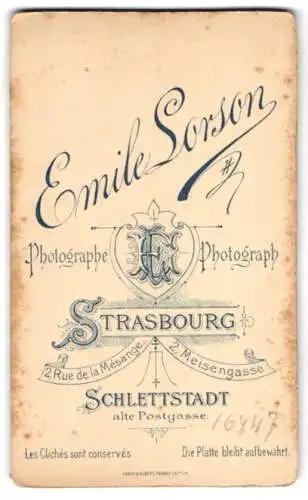 Fotografie Emile Lorson, Strasbourg, 2 Rue de la Mesange, Monogramm des Fotografen über Anschrift der Filialen