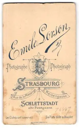 Fotografie Emile Lorson, Strasbourg, 2 Rue de la Mesange, Anschriften der Ateliers unter Monogramm des Fotografen