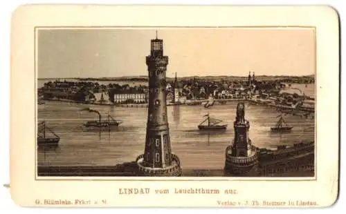 Fotografie G. Blümlein, Frankfurt / Main, Ansicht Lindau, Lithographie Blick auf den Hafen mit Leuchtturm