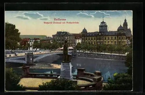 AK Heilbronn, Bismarck-Denkmal mit Neckarbrücke