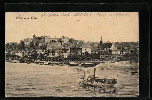 AK Pirna a. d. Elbe, Dampfer vor dem Ort