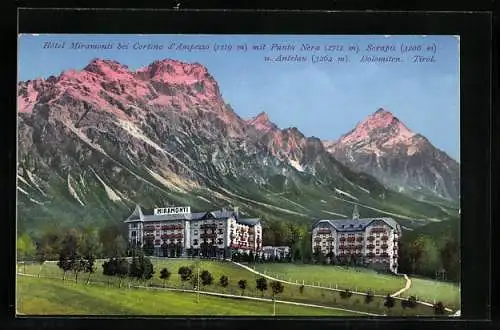 AK Cortina d`Ampezzo, Hotel Miramonti mit Punta Nera, Sorapis und Antelau