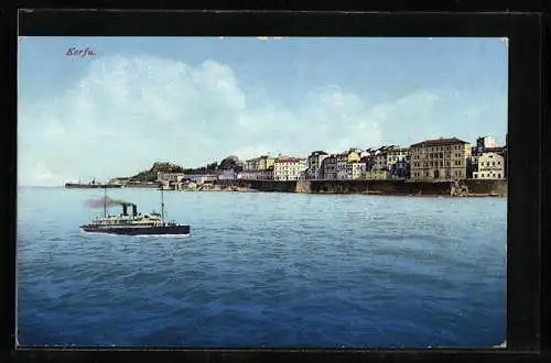 AK Korfu, Küstenpanorama mit einem Dampfer