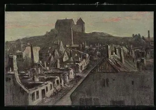 Künstler-AK Fritz Hass: Neidenburg, Trümmer der Stadt nach den Kämpfen 1914