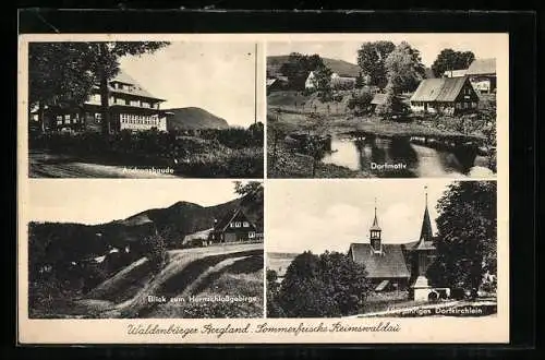 AK Reimswaldau, Andreasbaude, 400 jährige Dorfkirche, Ortspartie mit Teich