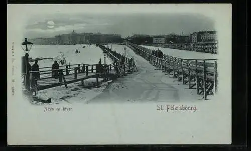 Mondschein-AK St. Petersbourg, Neva en hiver