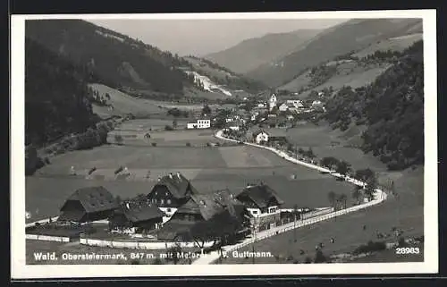 AK Wald /Obersteiermark, Ortsansicht mit Melerei R. v. Guttmann