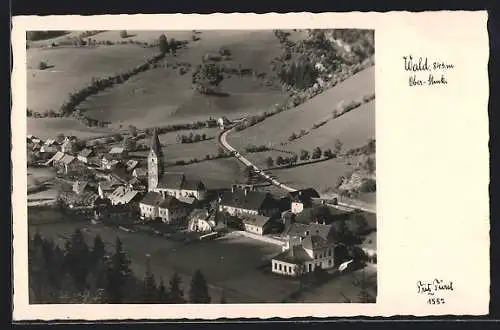 AK Wald /Obersteiermark, Teilansicht mit Kirche aus der Vogelschau