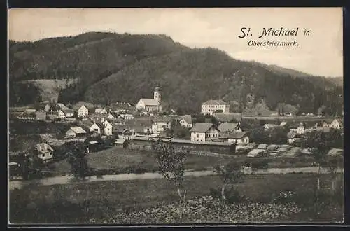 AK St. Michael /Obersteiermark, Ortsansicht mit Fluss und Berg