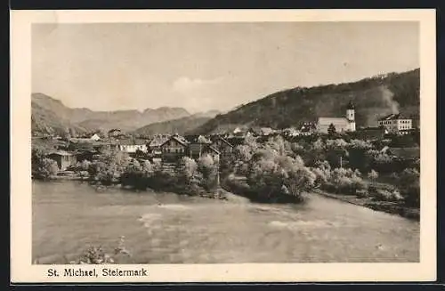 AK St. Michael /Steiermark, Ortsansicht vom Wasser aus
