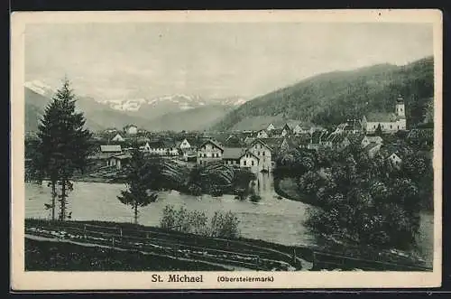 AK St. Michael /Obersteiermark, Ortsansicht mit Fluss und Bergpanorama