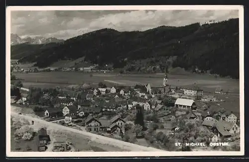 AK St. Michael /Obersteiermark, Ortsansicht mit Bergpanorama aus der Vogelschau