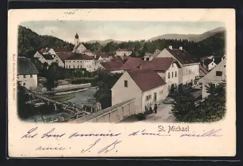 AK St. Michael ob Leoben, Teilansicht mit Kirche und Brücke