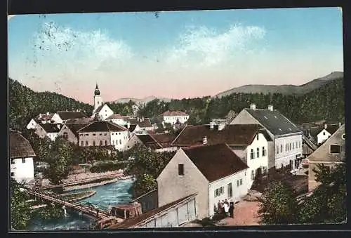 AK St. Michael /Obersteiermark, Ortspartie mit Fluss und Kirchturm