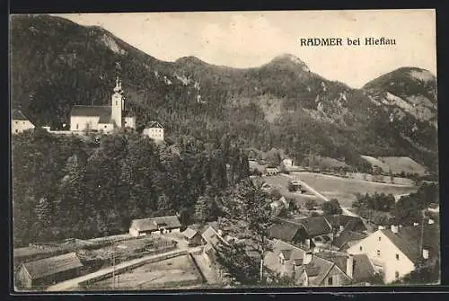 AK Radmer /Hieflau, Teilansicht aus der Vogelschau mit Bergpanorama