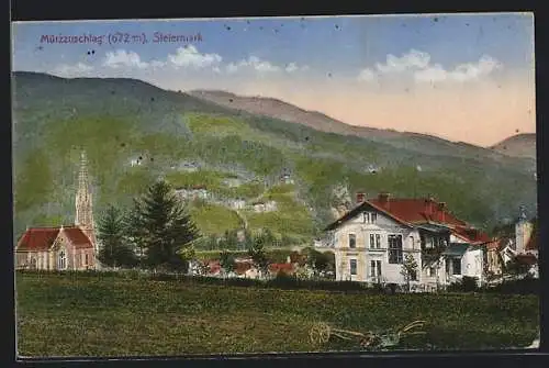 AK Mürzzuschlag /Steiermark, Ortspanorama mit Kirche