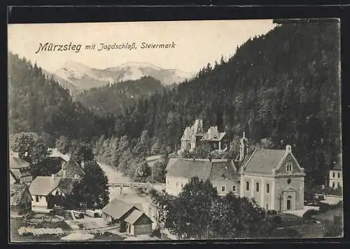 AK Mürzsteg /Steiermark, Teilansicht mit Brücke und Jagdschloss