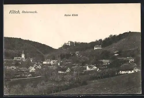 AK Klöch /Steiermark, Ortsansicht mit der Ruine Klöch